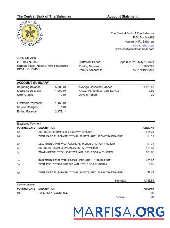Downloadable Bahamas The Central bank of the Bahamas bank statement excel download for verification